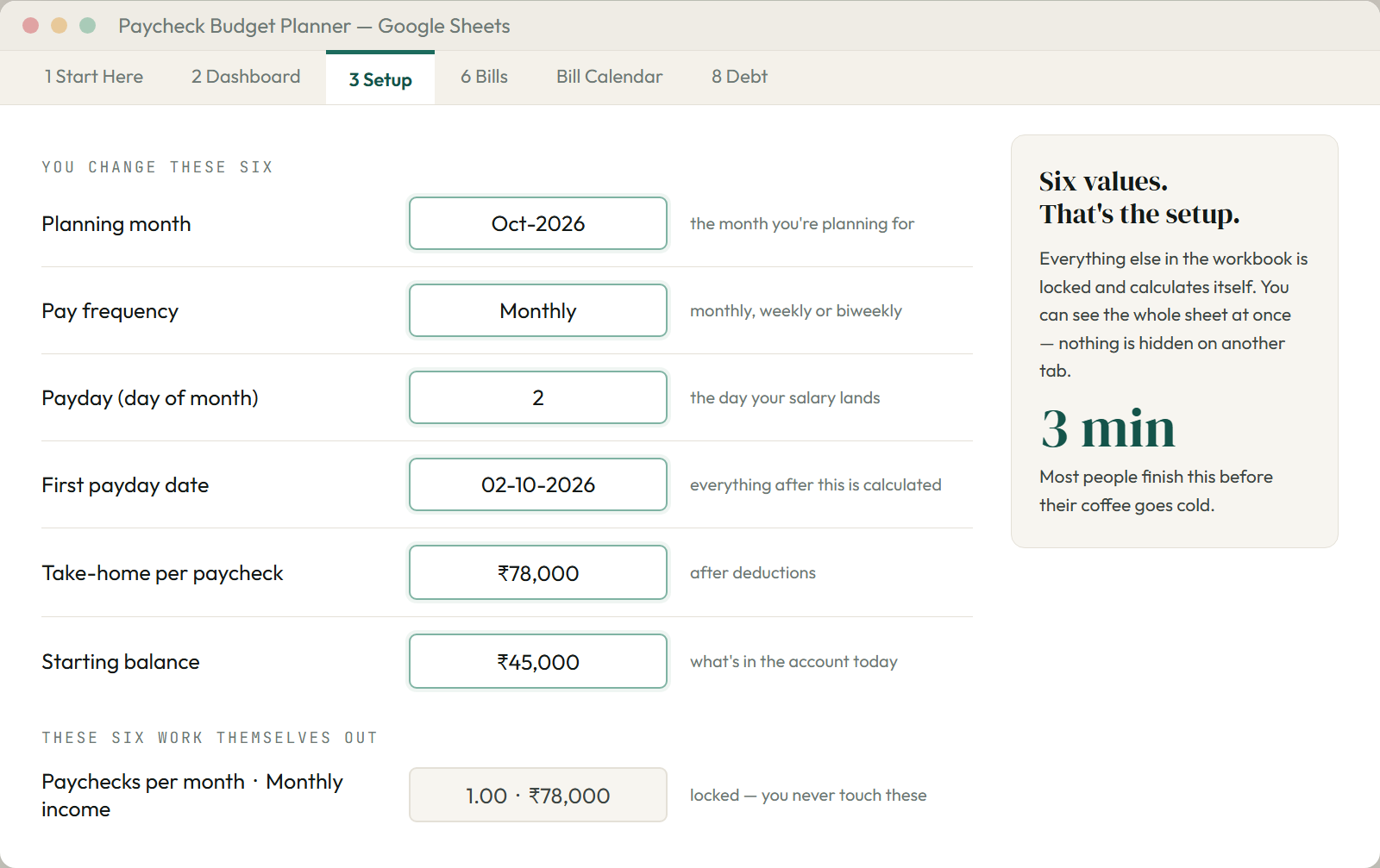 The Setup tab showing six input boxes — planning month, pay frequency, payday, first payday date, take-home per paycheck and starting balance — with two calculated figures below and a note that everything else is locked.
